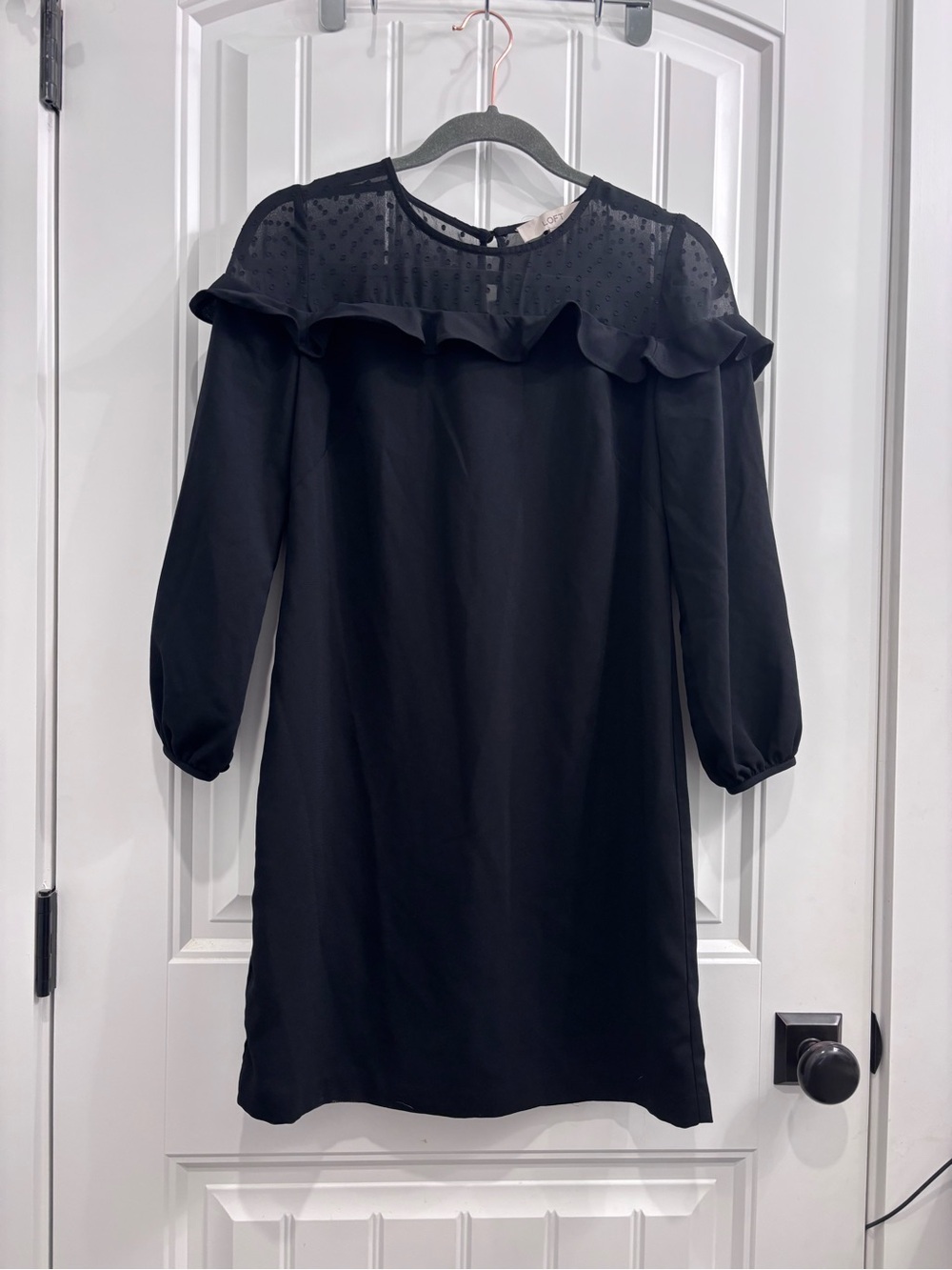 LOFT Black Sheer Yoke Ruffle Long-Sleeve Dress